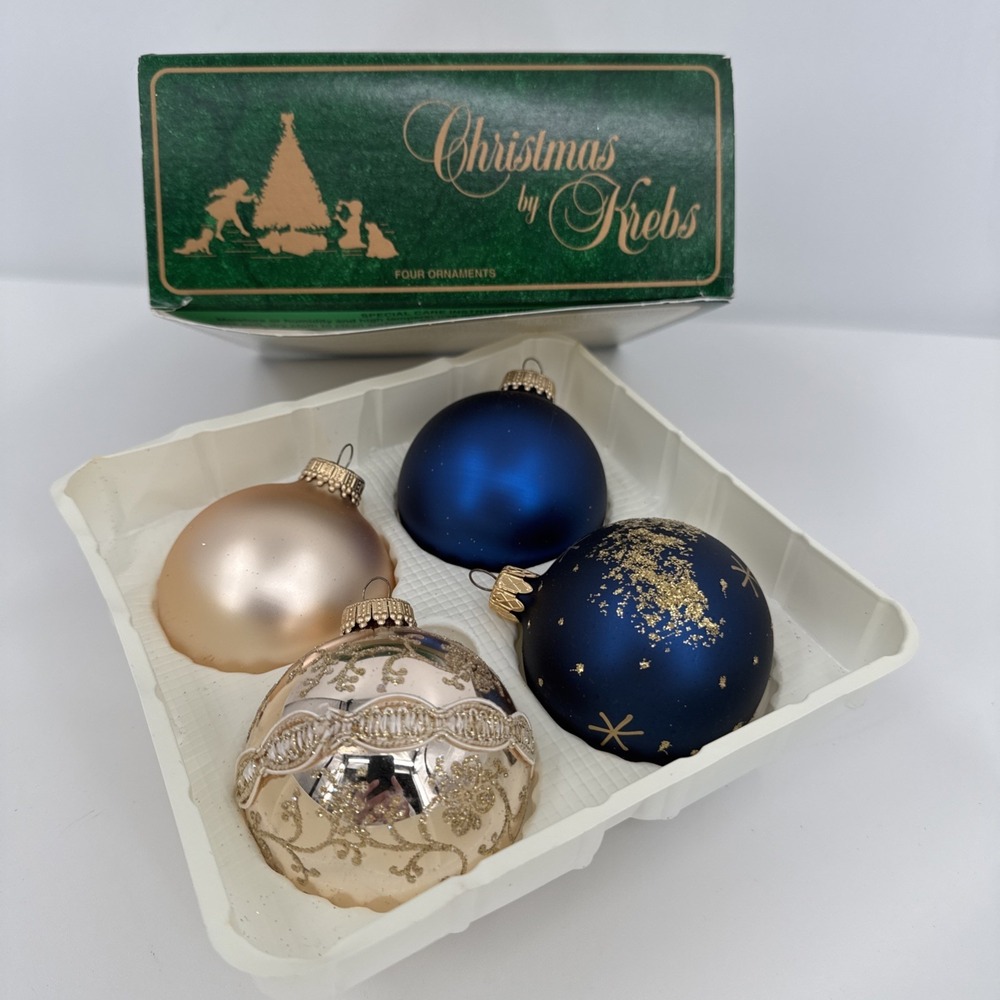 Vintage Christmas By Krebs Glass Ornaments Set Of 4 Blue‎ Cream Sparkling Box